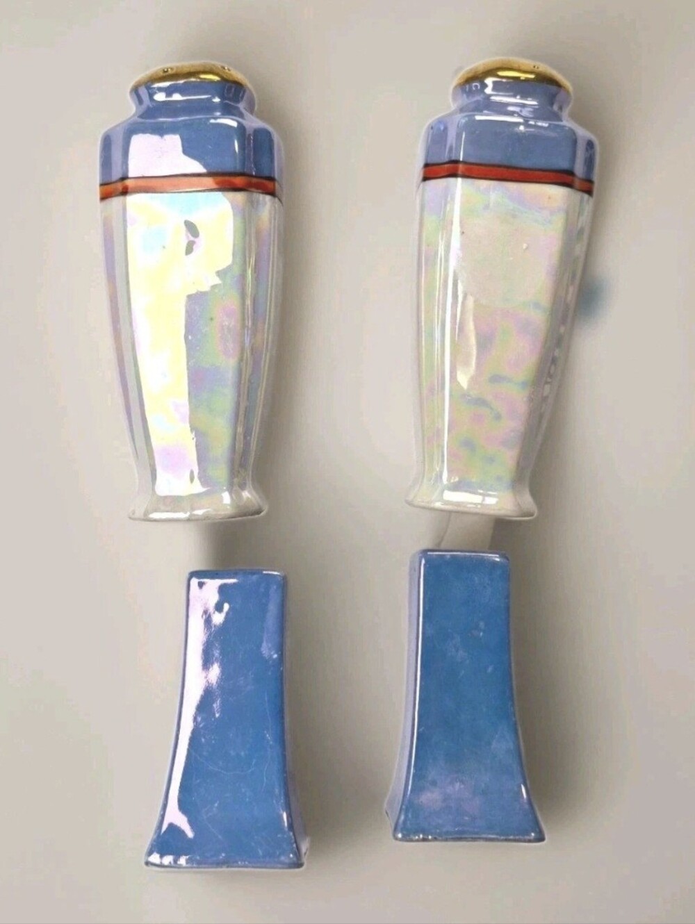 2 Sets VTG Iridescent Blue and White Porcelain Salt/Pepper Shakers Japan Sku772